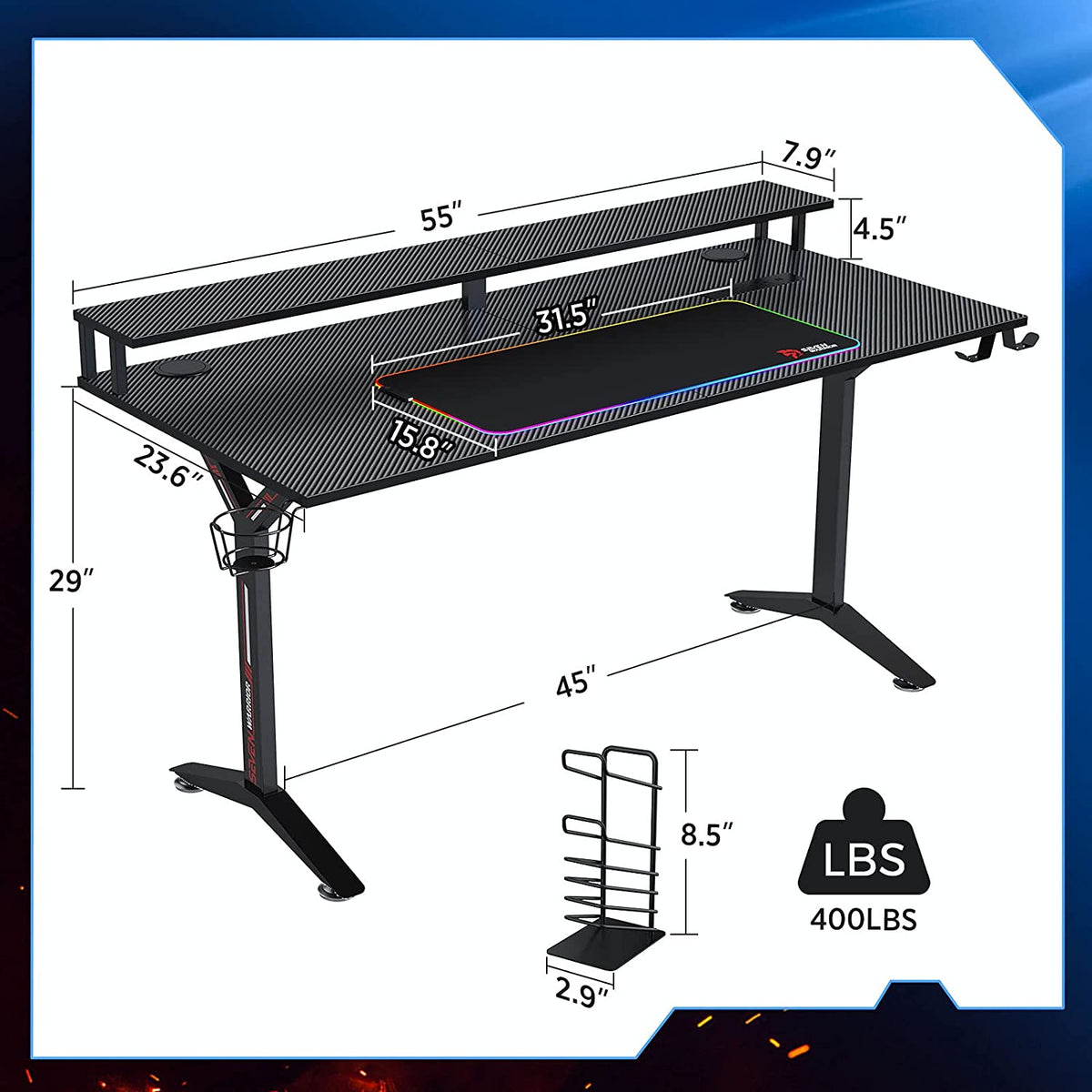 Ergonomic Gaming Table with Monitor Stand, Cup Holder, Headphone Hook, Outlet Organizer