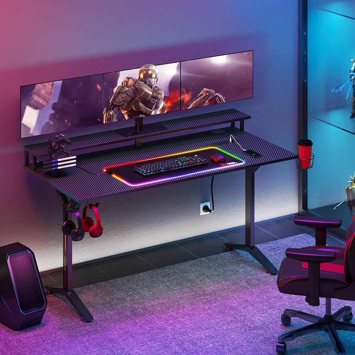 Ergonomic Gaming Table with Monitor Stand, Cup Holder, Headphone Hook, Outlet Organizer