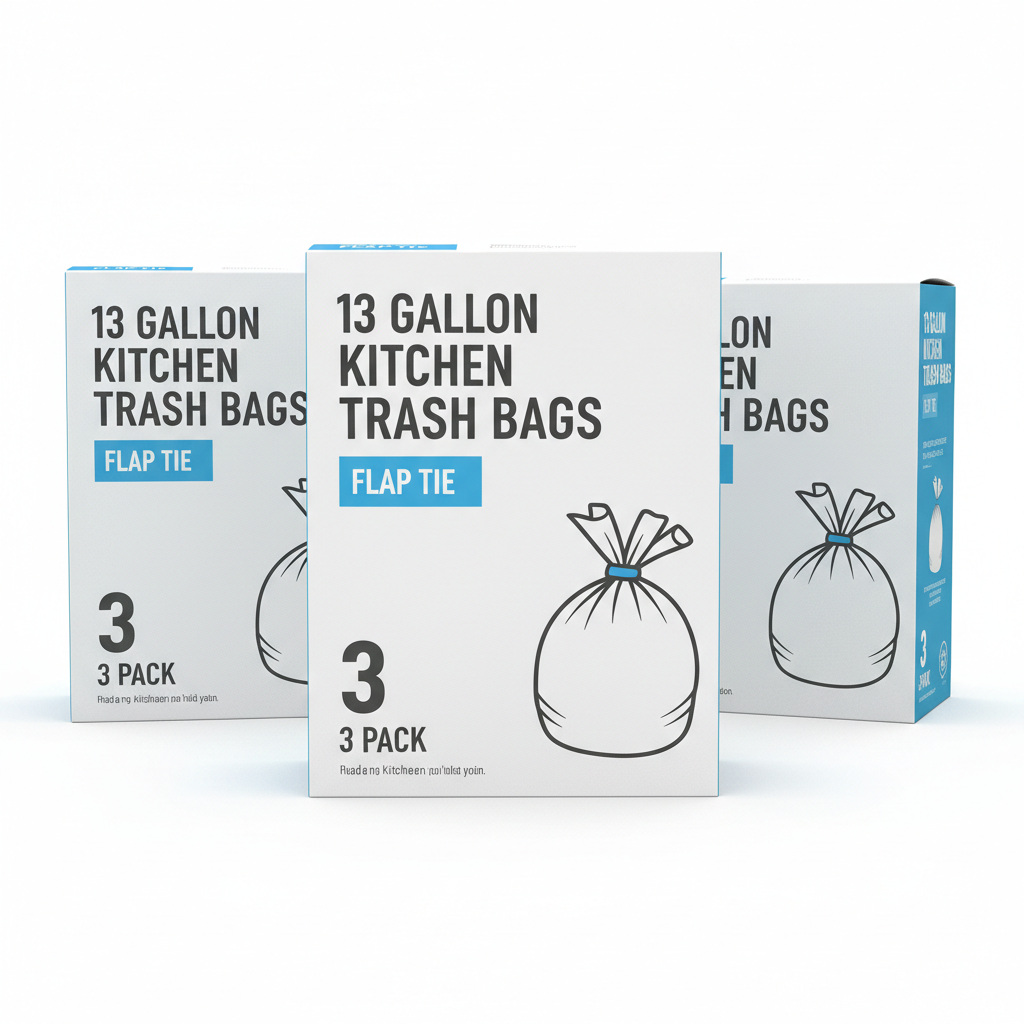 (3 Pack)  Basic Kitchen Trash Bags, 13 Gallon, 20 Bags (Flap Tie)